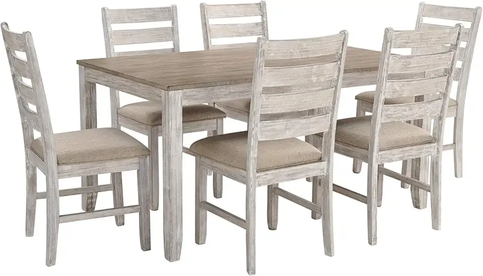 Signature Design by Ashley Skempton Cottage Dining 7 Piece Set – Rectangular Table & 6 Upholstered Chairs | Coastal Chic Meets Farmhouse, Whitewash