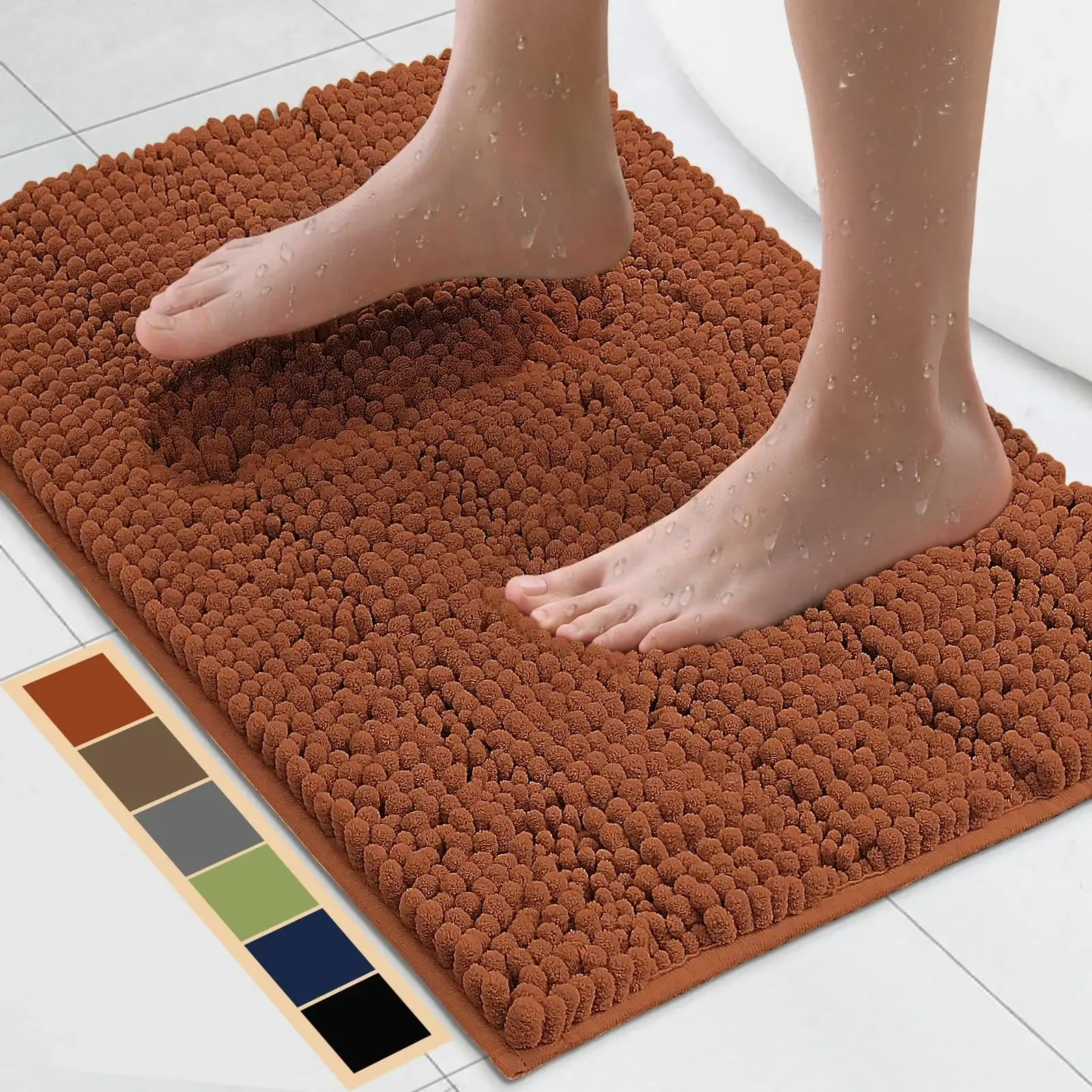 Bcoimo 24"×17" Chenille Bath Mat – Non-Slip with Backing Bath Rug Ultra-Absorbent and Machine Washable Bathroom Mat Quick-Dry Design. Ideal for Bathroom and Tub Areas