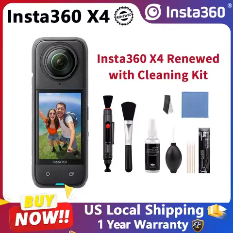 Digital Camera Insta360 X4 8K 360 Panoramic Action Camera Refurbished for Vlogging 10M Waterproof Digital Cameras with Lens Cleaning Kit Anti-Fog Wipes Microfiber Cloth Anti-Fog Lens Design One-Click Reframe