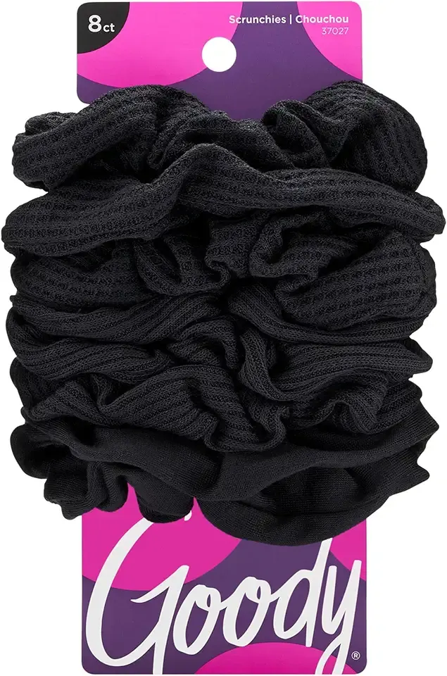 Goody Ouchless Jersey Scrunchies 8 Count Black Fabric Hair Ties, Dentless Damage-Free Secure Hold, Soft Stretch Accessories for Women Men All Hair Types