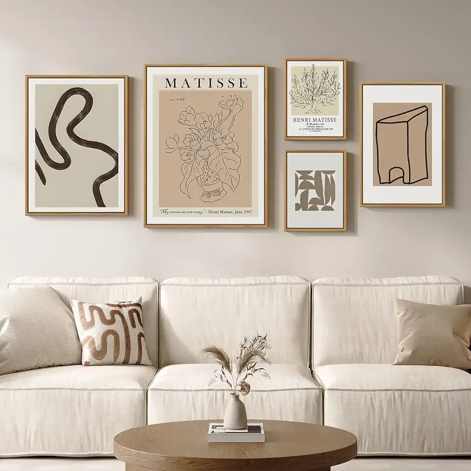 Large Framed Matisse Neutral Wall Art Set of 5, Abstract Beige Modern Minimalist Geometric Floral Canvas Prints for Living Room Bedroom Hallway Home Office