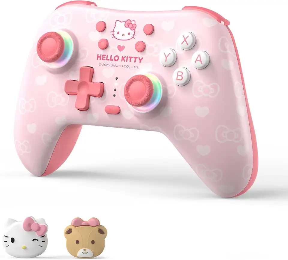Kuitmor Hello Kitty Switch Pro Controller, Cute Hall Effect Wireless Gamepad No Drift for Switch 2/Switch/OLED/Lite, PC/Steam, Android, iOS, Bluetooth + Wired, Turbo, Back Buttons,6-Aixs Gyro, Wake-up, RGB (Pink, Without 2.4g Receiver)