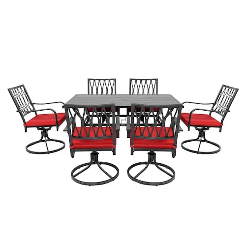 7-Piece Black Metal Outdoor Dining Set with Red Cushions, Includes Swivel Chairs