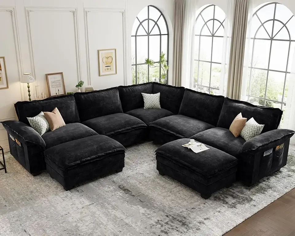 KKL Modular Sectional Sofa, Large V Shape 7 Seater Modern Sectional Couch with Ottoman, Couches for Living Room, Cloud Couches Chenille for Apartment, Home, Black