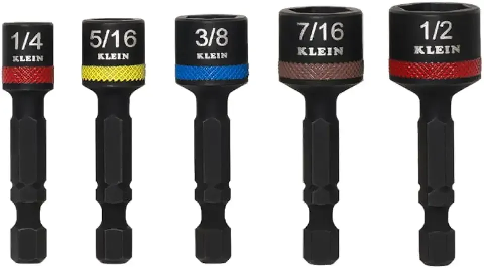 Klein Tools 32925S Nut Setter Set, Magnetic Impact Driver Set, 2-Inch Power Nut Drivers, Color-Coded, SAE, Impact-Rated, 5-Piece