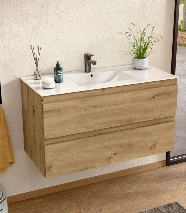 BELLOBATH - Mueble de baño suspendido con lavabo de cerámica, Mueble con 2 Cajones, 80 x 55 x 46 cm, Mueble roble