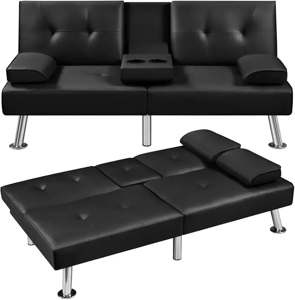 Convertible Sofa Bed Adjustable Couch Sleeper Modern Faux Leather Recliner Reversible Loveseat Folding Daybed Guest Bed, Removable Armrests, Cup Holders, 3 Angles, 772lb Capacity, Black