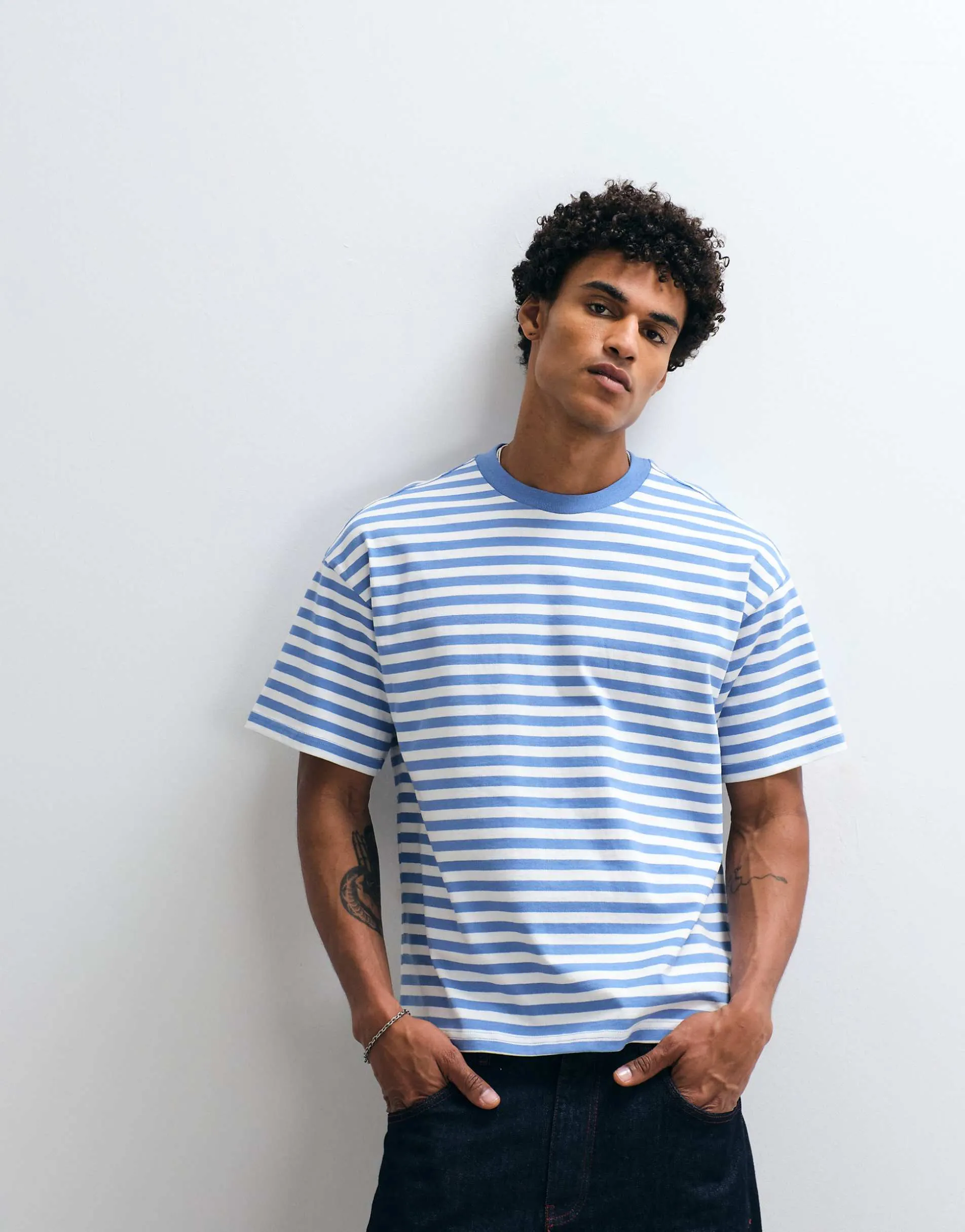 Weekday oversized boxy t-shirt in blue and off-white stripe exclusive to ASOS