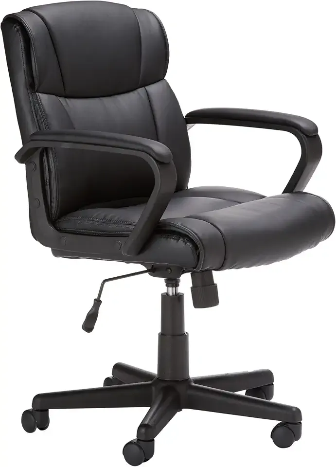Office Computer Task Desk Chair with Padded Armrests, Mid-Back, Adjustable, 360 Swivel, Rolling, 275 Pound Capacity, 24.2"D x 24"W x 34.8"H, Black Faux Leather