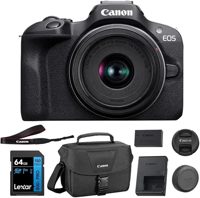 Canon EOS R100 Mirrorless Camera with RF-S18-45mm F4.5-6.3 IS STM Lens Kit, 24.1 Megapixel CMOS (APS-C) Sensor, 4K Video, RF Mount | Black Bundled with 64GB Memory Card & Camera Shoulder Bag (3 Items)