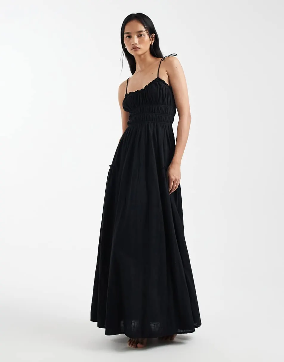 ASOS DESIGN Faith beach shirred maxi sundress in black