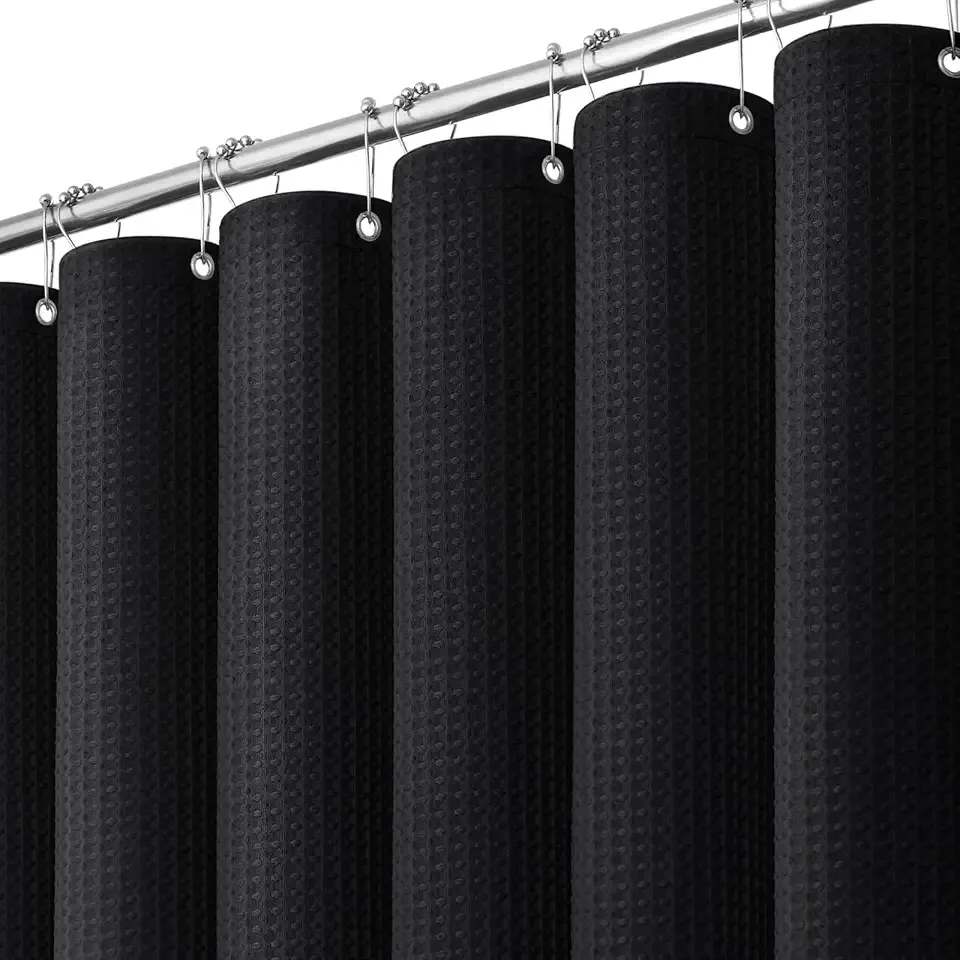 Dynamene Black Fabric Shower Curtain, Waffle Weave Heavy Duty Thick Fabric Shower Curtains for Bathroom, 256GSM Weighted Hotel Luxury Cloth Shower Curtain Set with 12 Plastic Hooks, 72Wx72H, Black