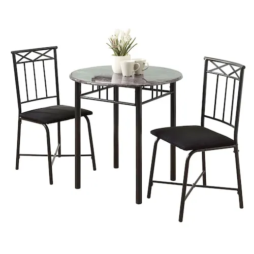 Dining Table Set, 3pcs Set, Small, 30" Round, Kitchen, Metal, Laminate, Grey Marble Look, Black