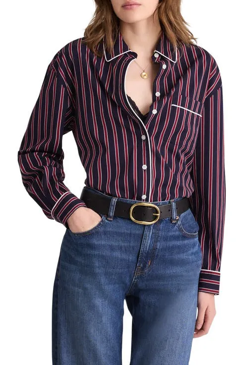 Stripe Poplin Long Button-Up Shirt