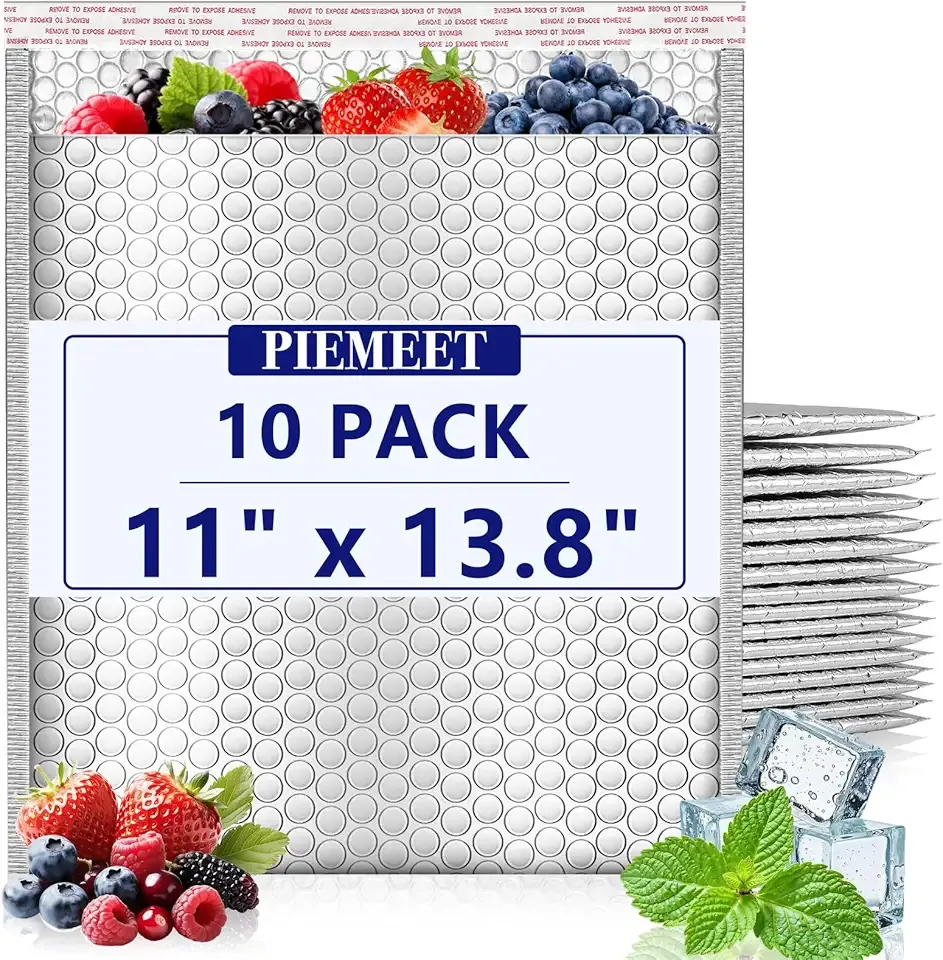 10Pcs Thermal Bubble Mailer, 11 x 13.8 Inch Foil Insulated Mailers, Self Seal Padded Envelopes, Waterproof Cold Insulated Shipping Bags, Metallic Bubble Mailers for Cold Shipping Food, Silver