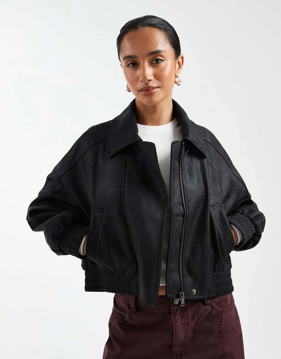 ASOS DESIGN Petite leather look biker bomber jacket in black