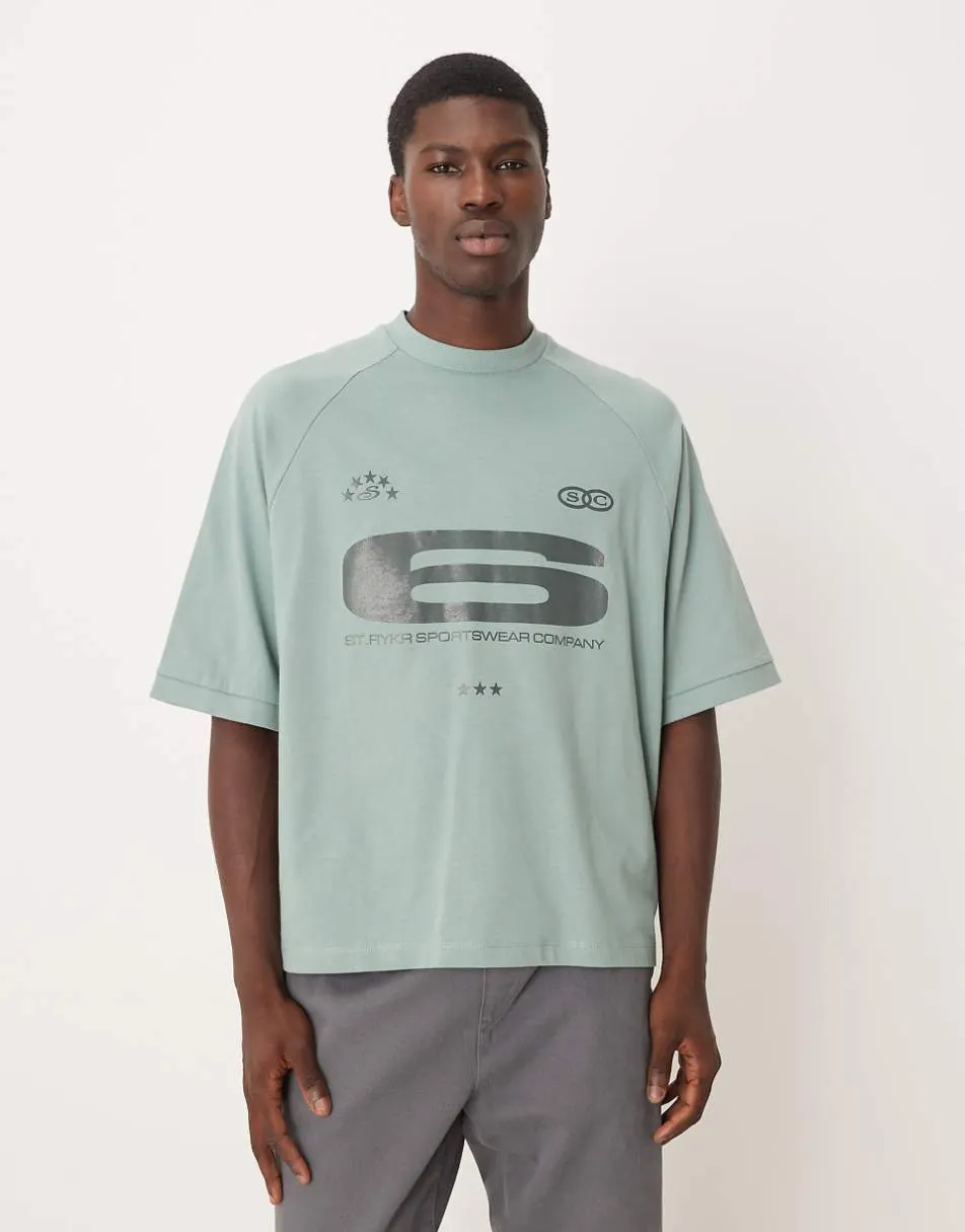 ASOS DESIGN heavyweight boxy oversized raglan t-shirt with glossy sports graphic in green