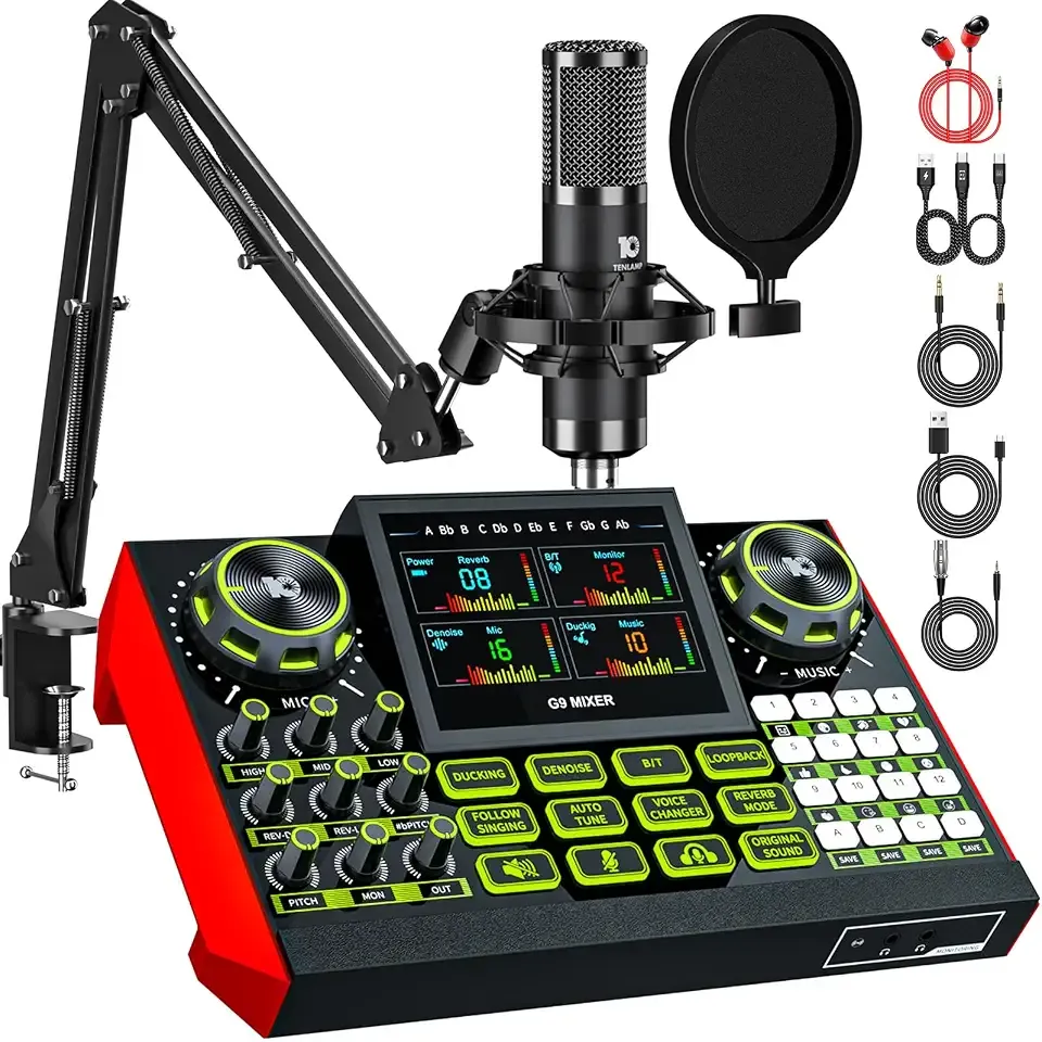 G9 Podcast Equipment Bundle,Audio Mixer Sound Board Live Sound Card,Podcast Microphone Bundle with 3.5mm Condenser Mic for PC & Phone,Podcasting,Live Streaming,Singing,Gaming,Voice Changer,Dj Set