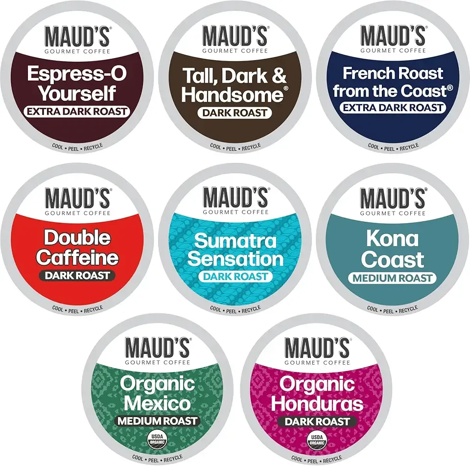 Maud's Bold Dark Roast Coffee Pods Variety Pack, 40 ct, 8 Assorted Dark Roast Flavors in Recyclable Single Serve Pods – 100% Arabica Coffee, Compatible with Keurig K Cups Maker