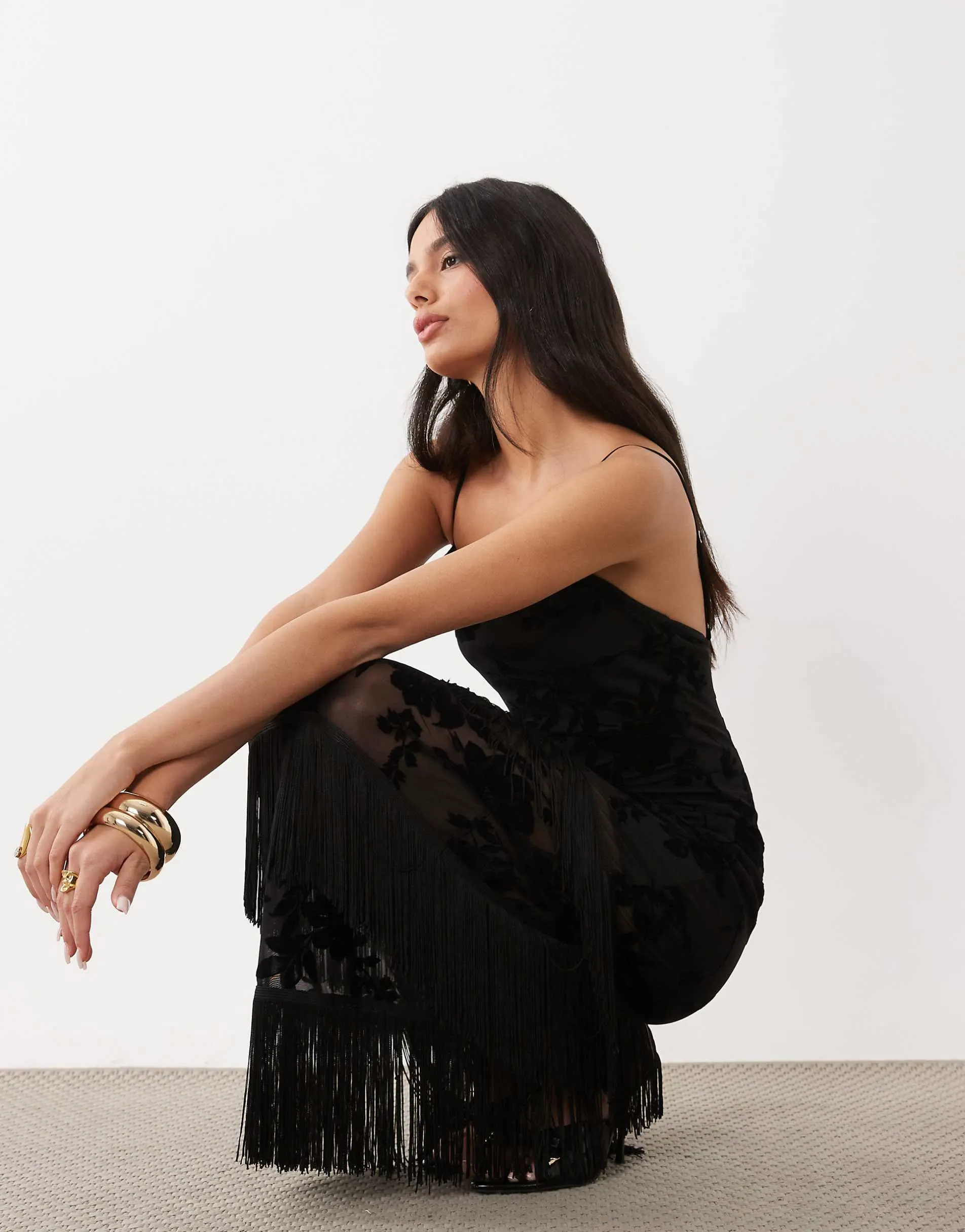 ASOS DESIGN devore mesh floral maxi dress with fringing in black