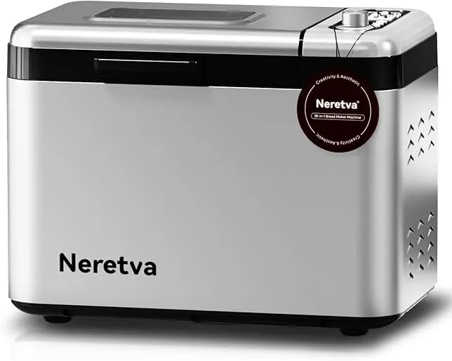 Neretva Bread Maker, 3.3LB Larger Bread Machine 15-in-1 Stainless Steel & Nonstick Ceramic Pan & Auto Nut Dispenser Breadmaker Machines Full Touch Panel with Gluten Free White Wheat Rye French Pizza