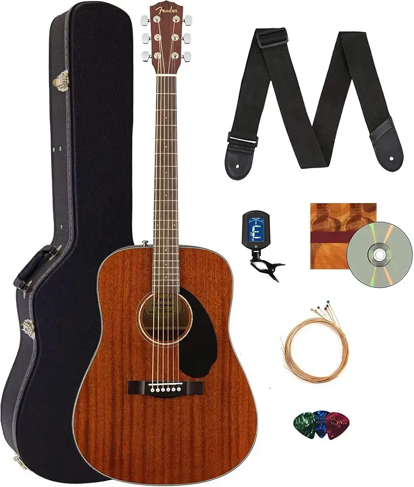 Fender CD-60S Solid Top Dreadnought Acoustic Guitar - All Mahogany Bundle with Hard Case, Tuner, Strap, Strings, Picks, and Austin Bazaar Instructional DVD
