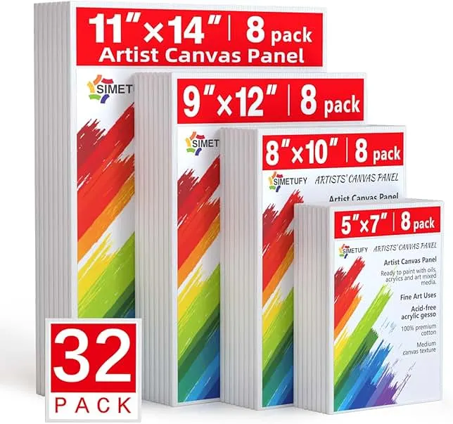 Simetufy Canvas for Painting 32 Pack Paint Canvas Boards for Kids 8pcs of Each 5x7, 8x10, 9x12, 11x14 100% Cotton for Acrylic Watercolor Paint