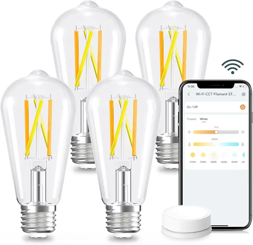 Linkind E26 Smart Edison Bulbs, 2700K-6500K Tunable WiFi Edison Bulbs with Remote Control, 8W 60W Equivalent Dimmable ST19 (ST58) Vintage Light Bulbs 800lm, Compatible with Alexa & Google Home, 4-Pack