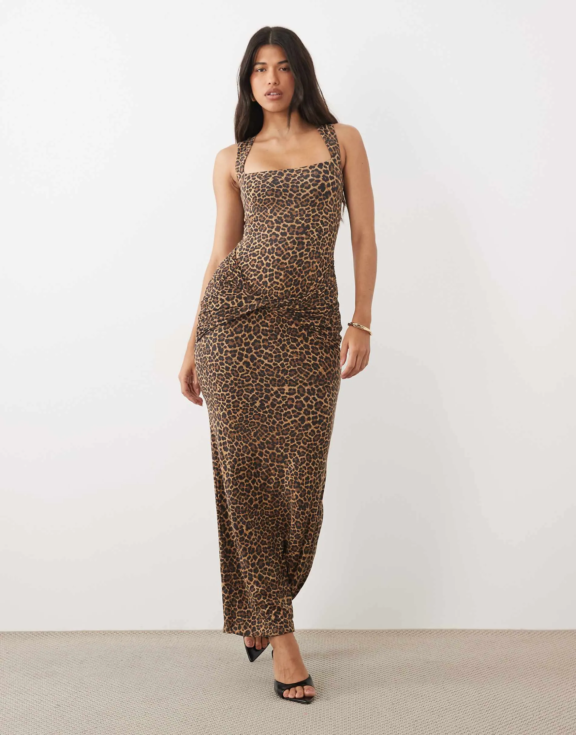 Oh Polly modal square neck drape tie maxi dress in leopard