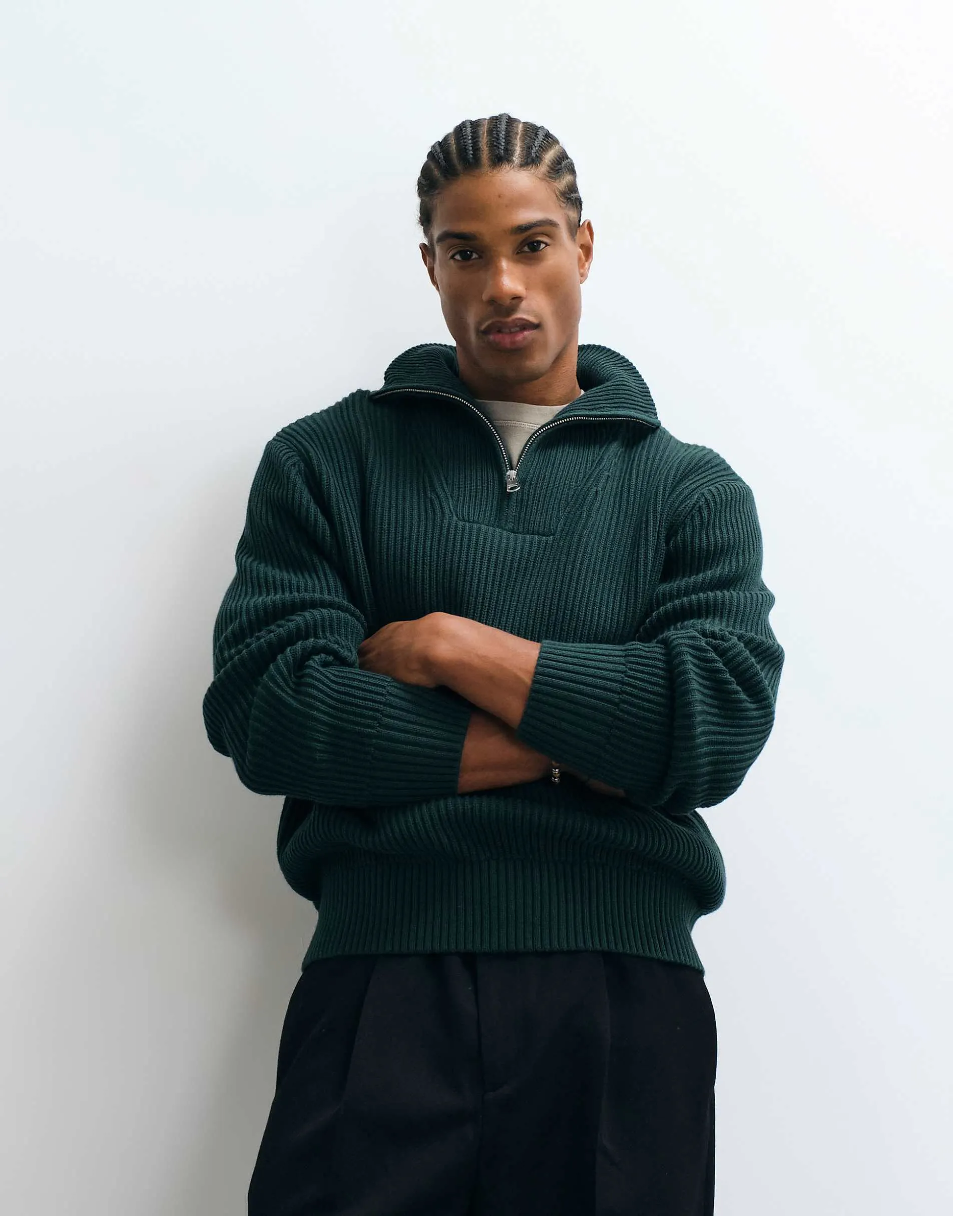 Selected 100% cotton high neck 1/4 zip knitted jumper in forest green