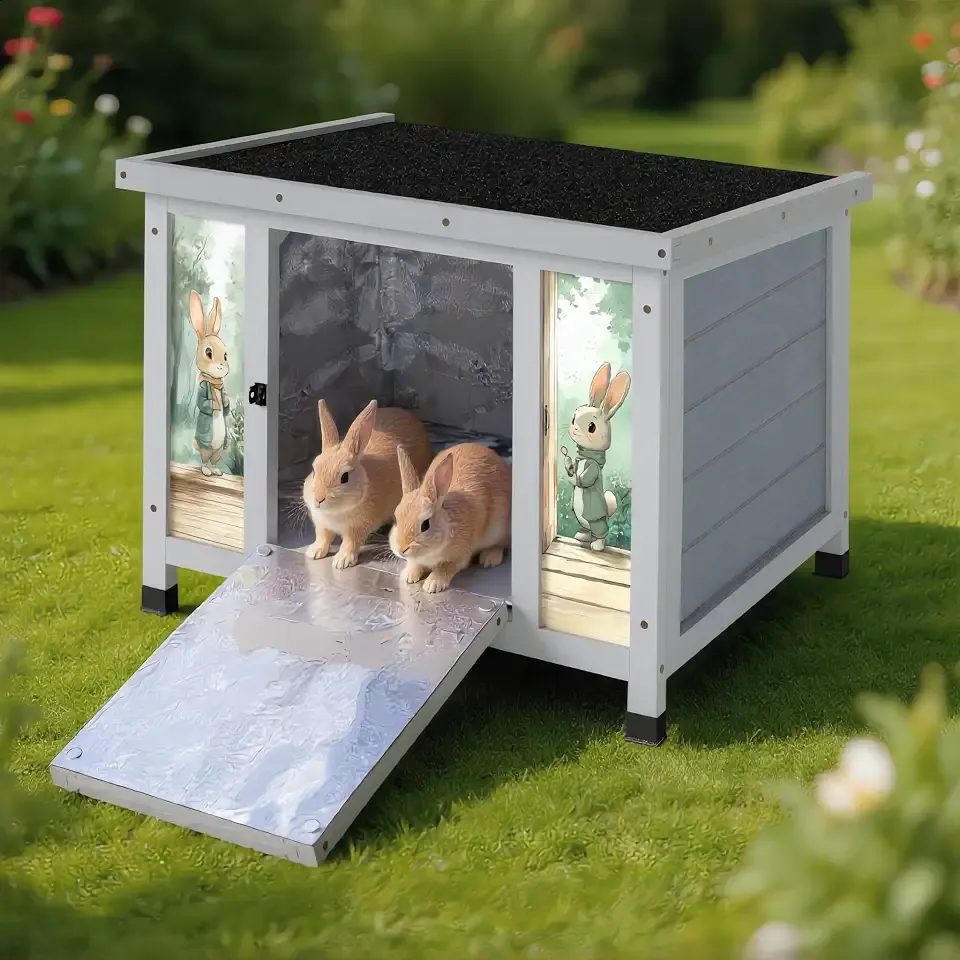 Coziwow 24" Bunny Hutch for Outdoor & Indoor Use - Solid Wood Rabbit Cage with Detachable Insulation Liner, Lightweight Weatherproof Shelter for Cats, Rabbits, Small Animals, Gray