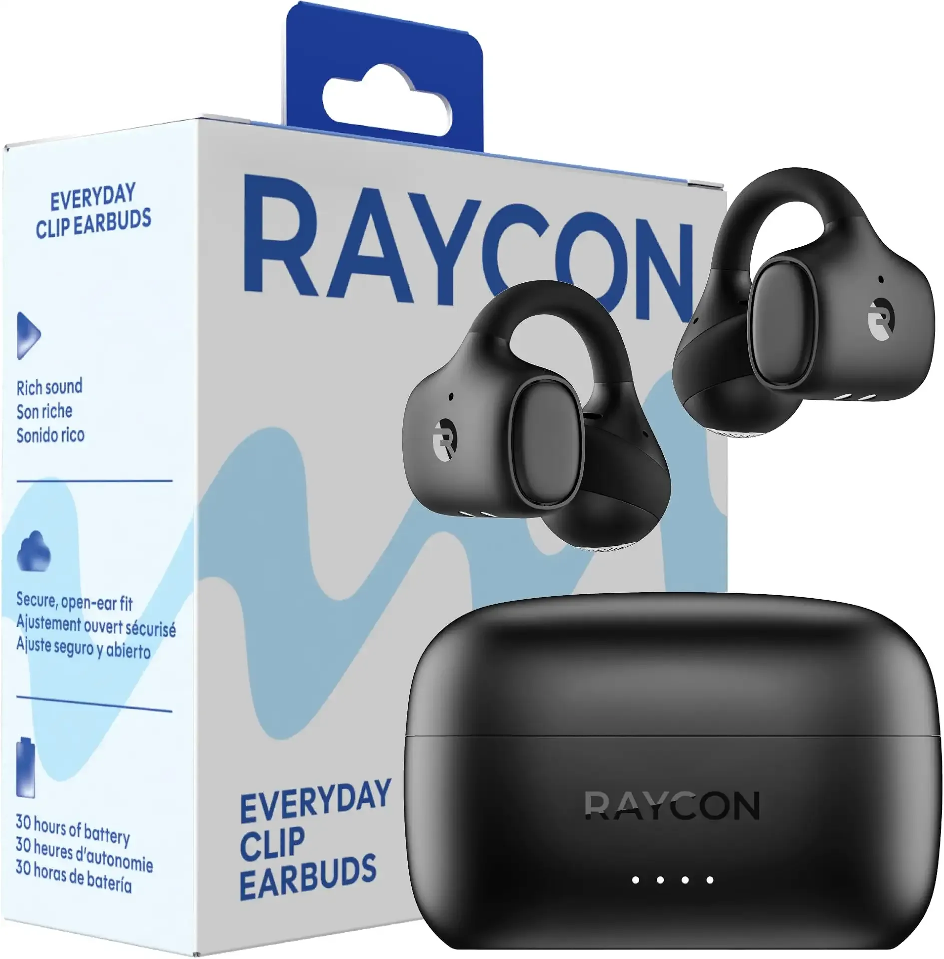 Raycon Everyday Clip On Earbuds, Open Ear & Water Resistant, 30Hr (Black) | Nickel-titanium Memory Metal Clip, Ipx5 Water Resistance, Open-Ear Clip Design