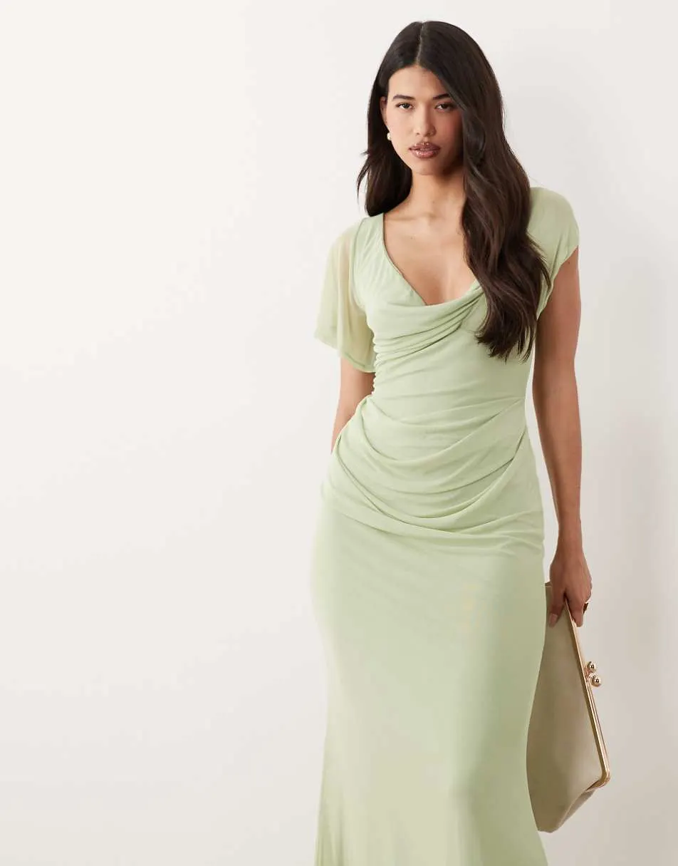 ASOS DESIGN draped mesh asymmetric sleeve maxi dress in sage green