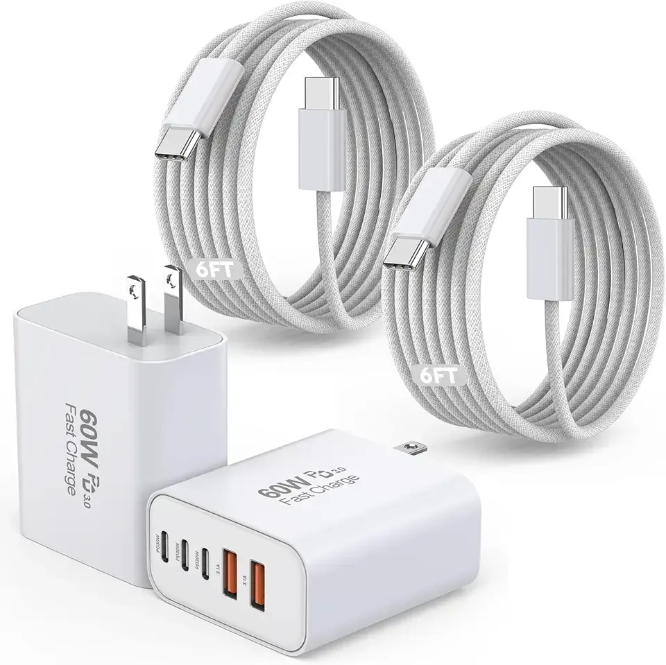 iPhone 17/16 Fast Charger Block,2 Pack 60W USB Charging Block 5-Port Charge Adapter for Apple iPhone Charger with 6FT USB C Woven Fast Charging Cable for iPhone17/16e/16Pro/15ProMax, iPad Pro/Air/Mini