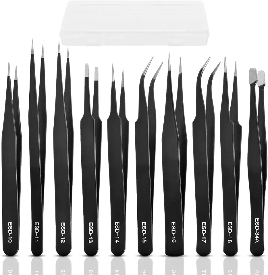 10Pcs Precision Tweezers Set, Upgraded Anti-Static Stainless Steel Tweezers with Storage Box, for Craft, Electronics, Jewelry-Making, Laboratory Work, Soldering, DIY