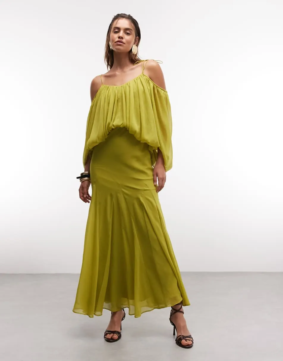 ASOS DESIGN blouson bodice maxi dress with split sleeve and volume godet skirt in olive green