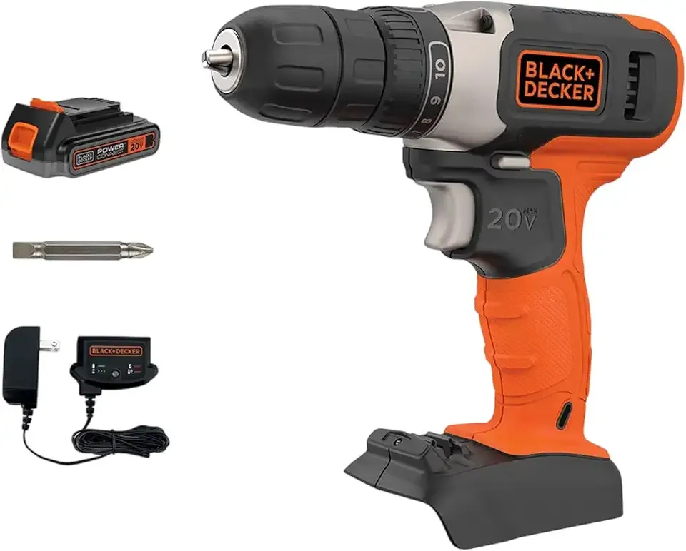 BLACK+DECKER 20V MAX Cordless Drill Kit with ‎Battery, Charger, Includes Double Sided Drill Bit (BCD702C1)