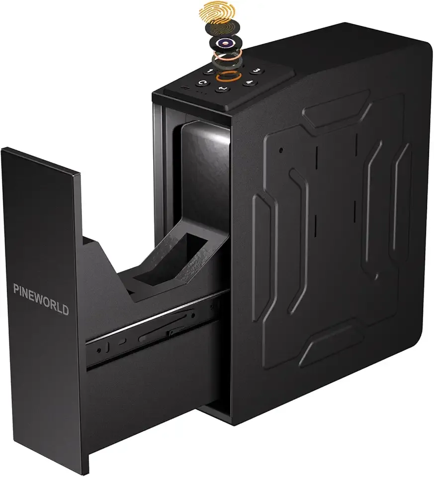 Gun Safe For Handgun, Biometric Slider Bedside Handgun Safe, Pistol Lock Case for Nightstand,Sliding Door Hand Gun Safe for Pistol -with 3 Quick Access Fingerprint, PIN Code, KEY