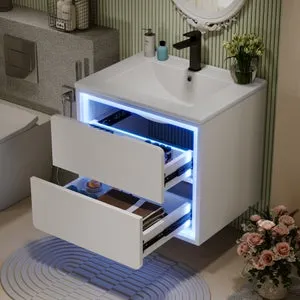 Armarios de baño suspendidos, 60 x 46 x 50 cm, iluminación LED con sensor de movimiento, mueble de lavabo con lavabo integrado, blanco