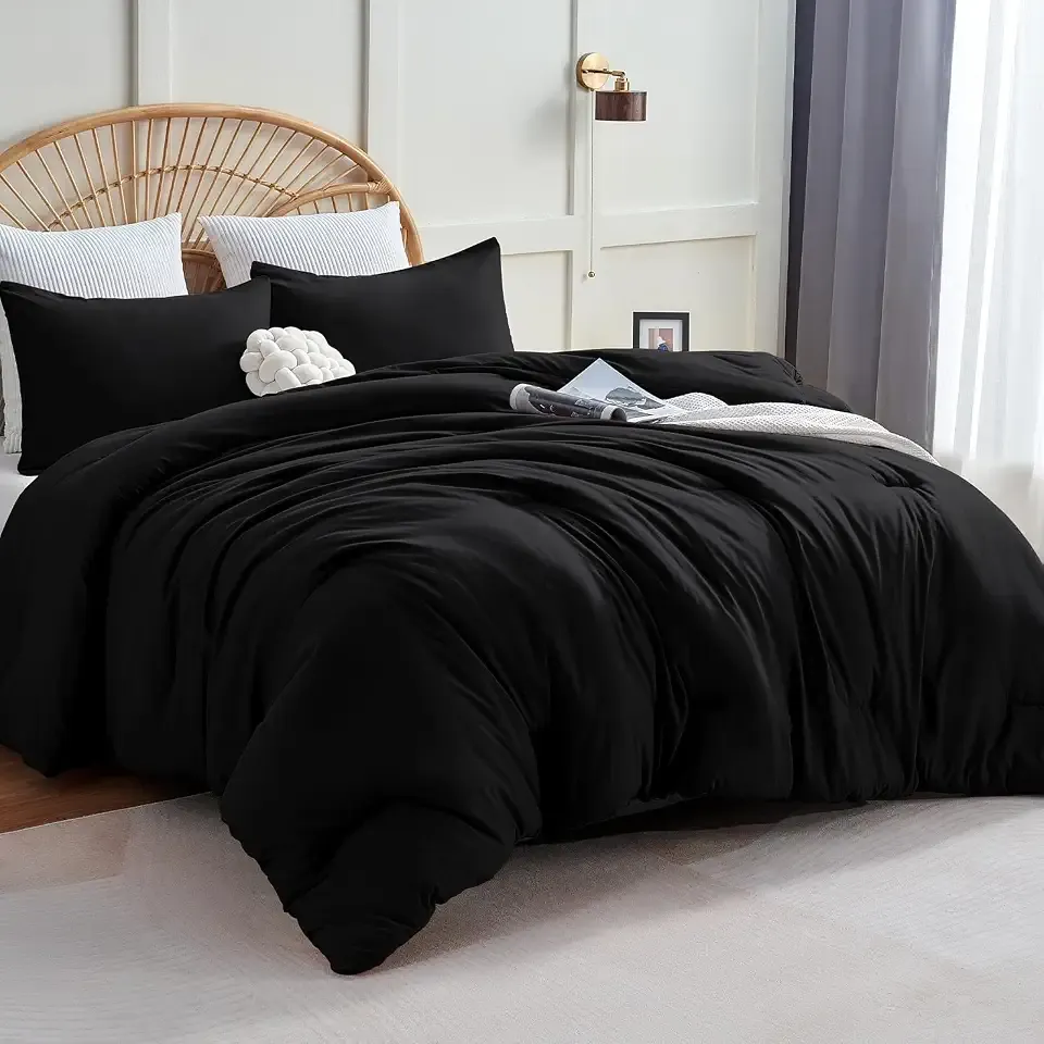 Queen Comforter Set, 3 Pieces Down Alternative Bedding, Black | 270 GSM All Season Comforter with 4 Corner Ties for Use as a Duvet Insert, OEKO-TEX Certified, 2 Pillowcases, 88 x 88 in