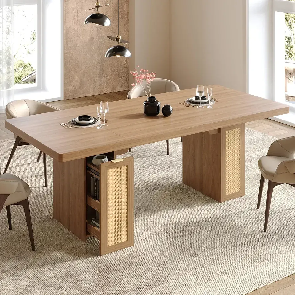 LIKIMIO 78.7" Farmhouse Dining Table for 6-8 People, Extra Thick Wood Top with 2 Hidden Adjustable Storage Drawers, Modern Woven Rattan Table for Dining Room, Kitchen, Living Room, Rustic White