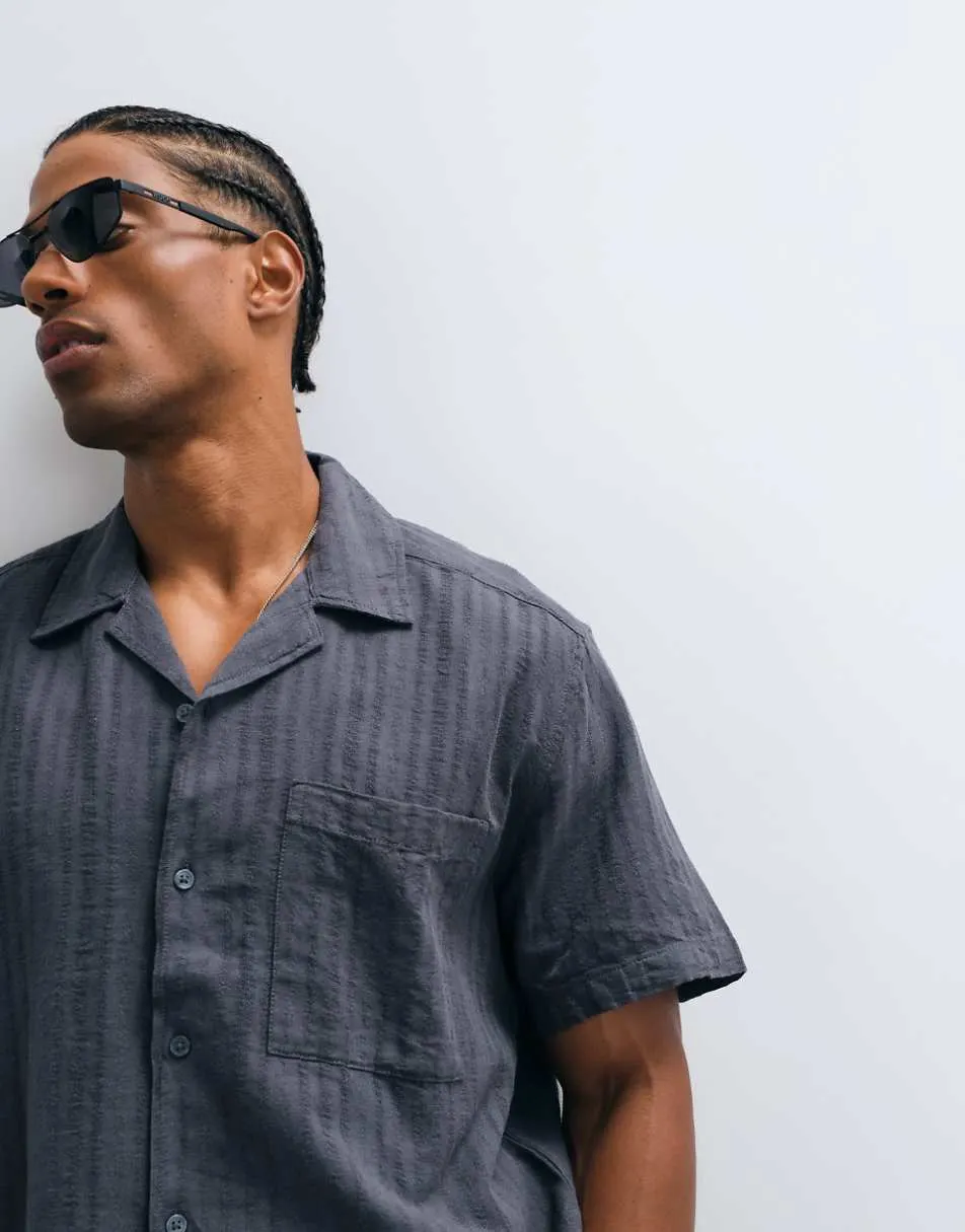 ONLY & SONS linen blend textured short sleeve shirt co-ord in indigo