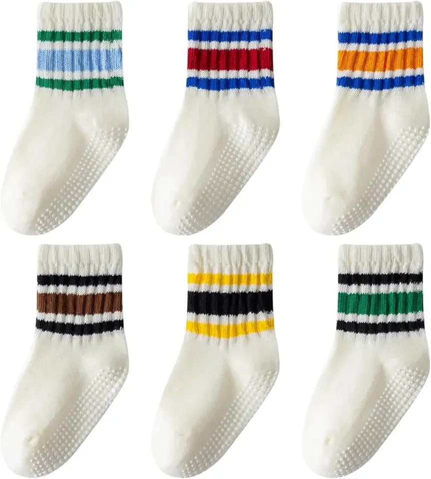 Toddler Grip Socks with Non-Slip, Unisex Baby Retro Stripe Seamless Crew Ankle Cotton Socks for Girls Boys 6 Pairs