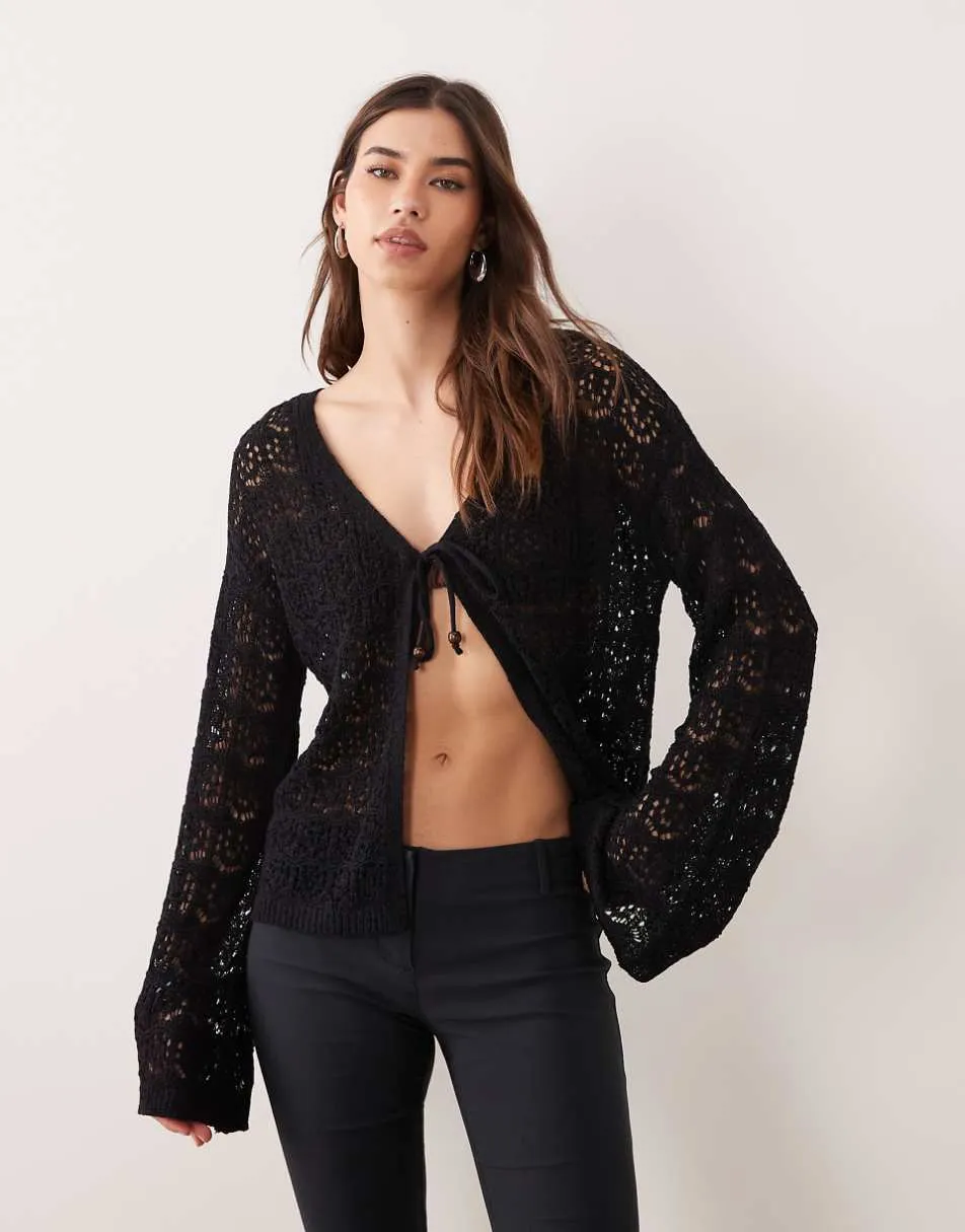 Miss Selfridge crochet boho tie front festival cardigan in black