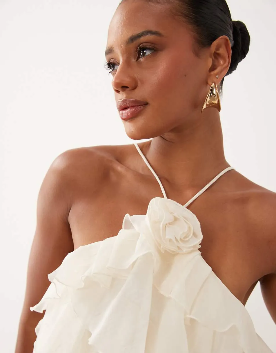 Gina Tricot mini frill halterneck mini dress with rose corsage in off white