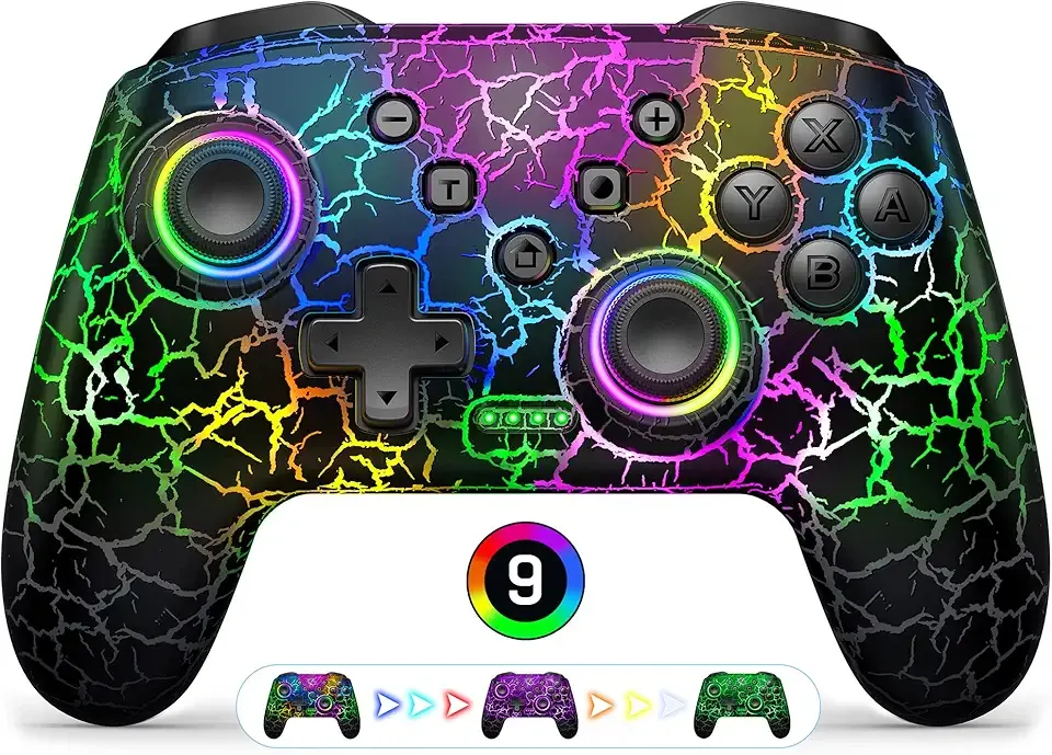 Gammeefy Switch Controller, Wireless Switch Pro Controller for Nintendo Switch/Switch 2/Lite/OLED, 9 Color Adjustable LED Switch Remote Compatible with PC/Android/IOS with Programmable Function