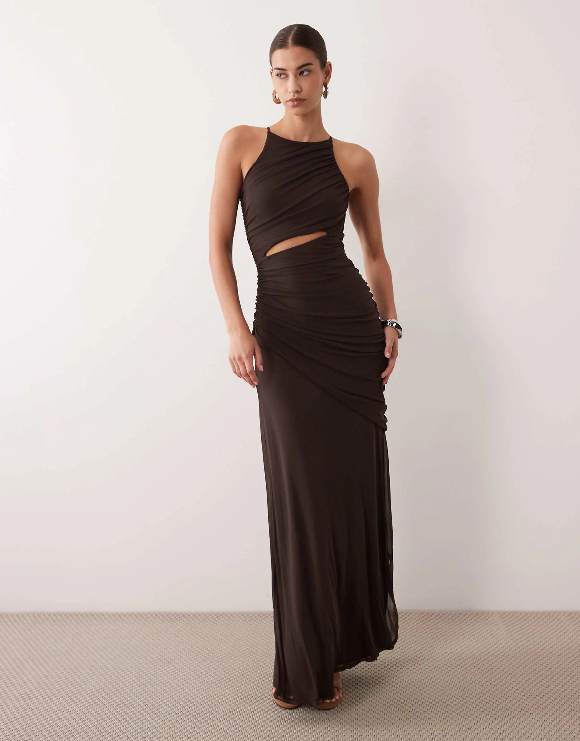 ASOS DESIGN mesh square halter maxi dress with asymmetric ruching in brown