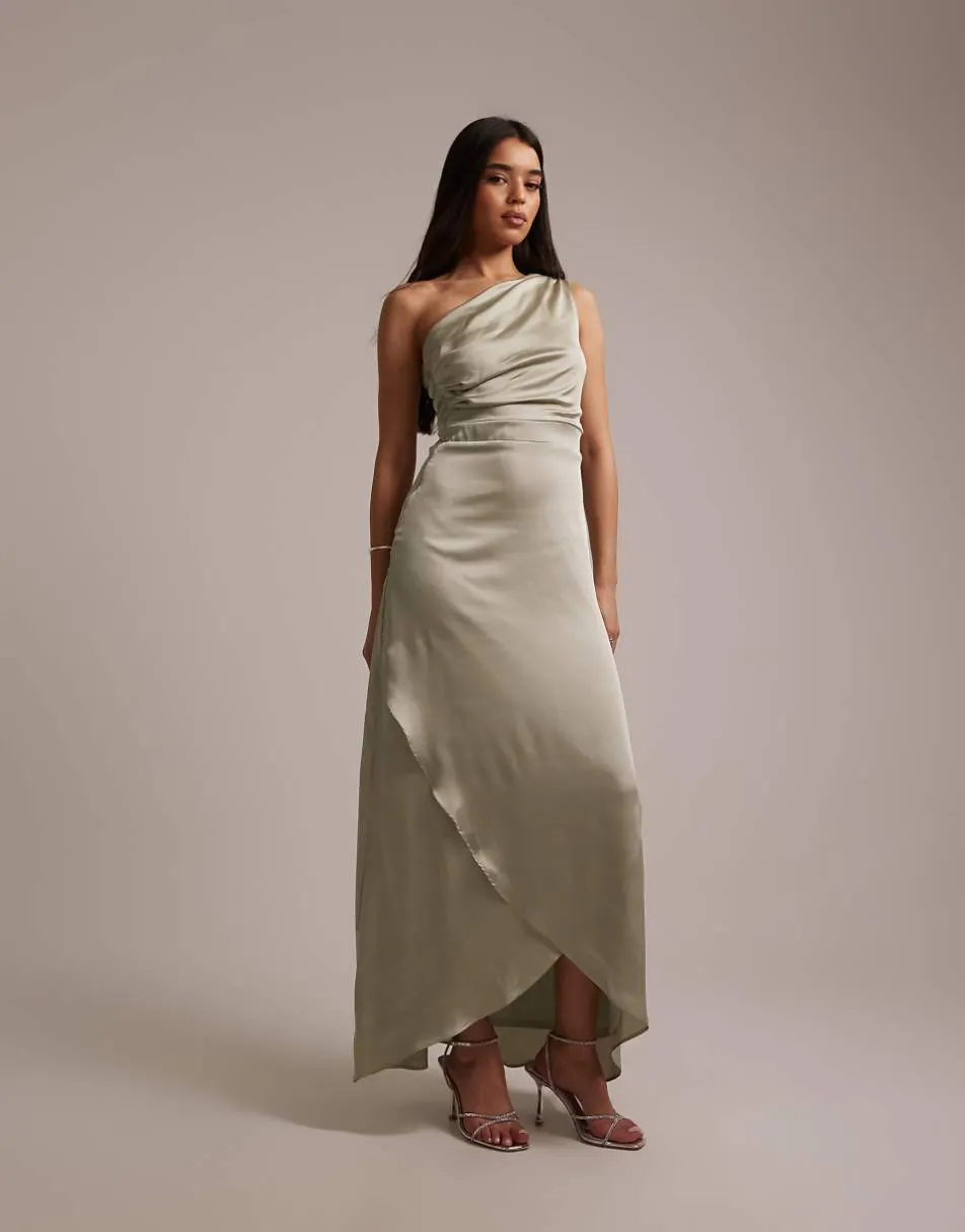 TFNC Bridesmaid satin one shoulder wrap skirt maxi dress in sage green