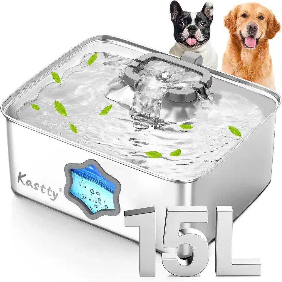 Kastty Large Dog Water Fountain, 15L/4Gal Stainless Steel Pet Water Bowl Dispenser with Visual Window, Dual-Color LED, Ultra Quiet, Automatic Water Fountain for Large Medium Dogs & Multi-pet, FS81