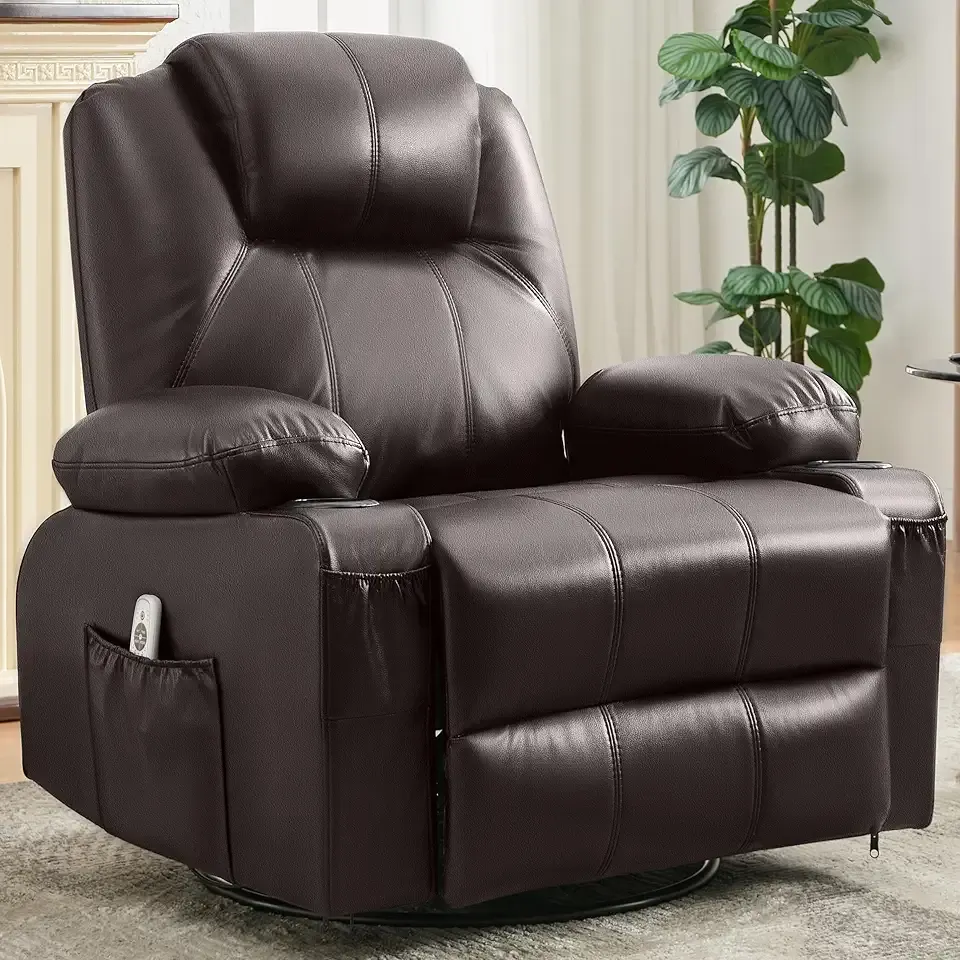 Oversized Swivel Rocker Recliner Sofa Chair with Heat and Massage, 360 Degree Swivel Single Sofa with Cup Holders and USB Port, Big Recliner Chair for Living Room(Leather, Chocolate Brown)
